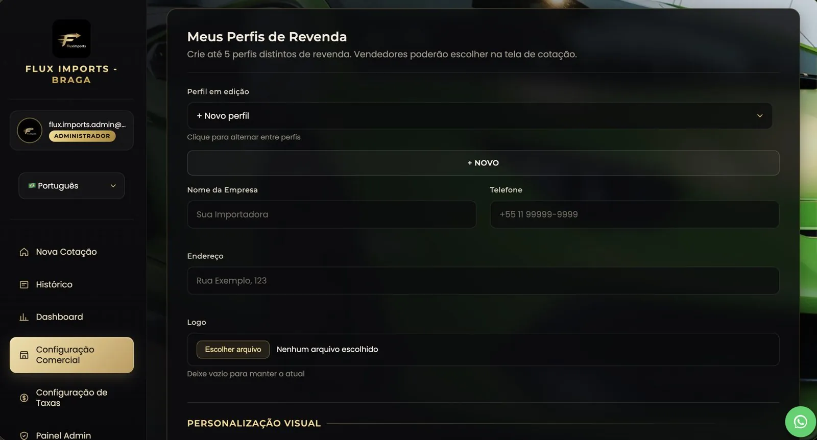 Meus Perfis de Revenda, até cinco perfis com logótipo e contactos próprios